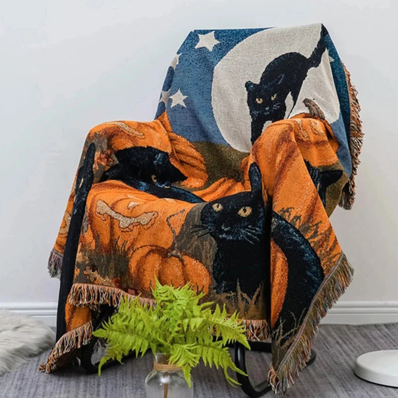 Afralia™ Halloween Black Cat Knitted Blanket - Cozy Sofa Throw for Autumn/Winter