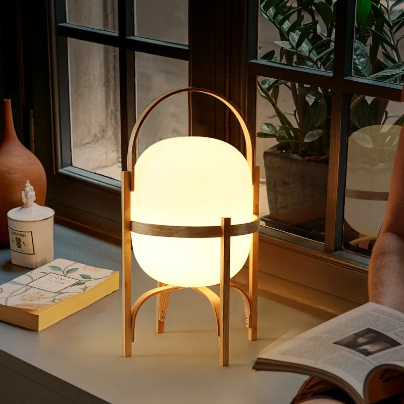 Afralia™ Japanese Style Glass Table Lamp with Wood/Metal Frame