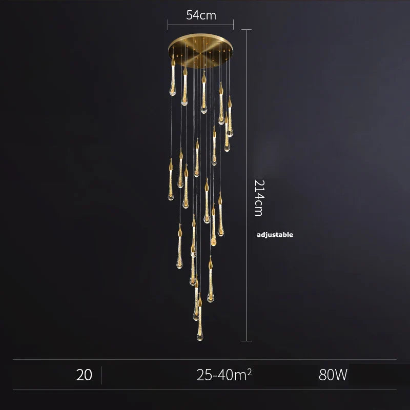 Afralia™ Water Drop LED Gold Chandelier for High Ceiling, Staircase Lighting
