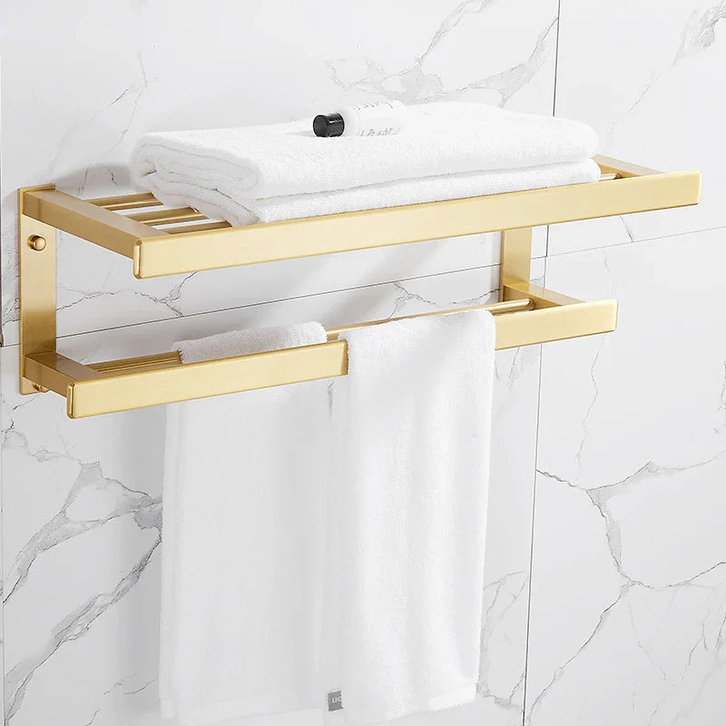 Afralia™ Brushed Gold Bathroom Set: Shelf, Towel Rack, Holder, Toilet Brush - Bath Hardware