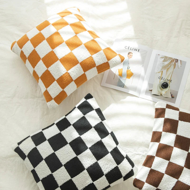 Afralia™ Checkered Flocking Cushion Cover in Black Orange Green for Home Decor