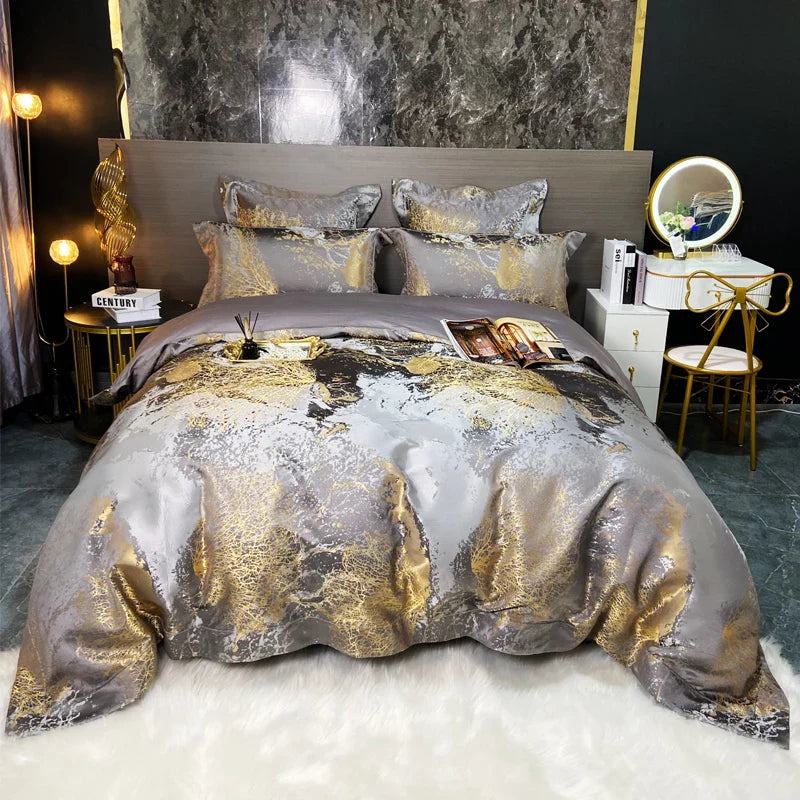 Afralia™ Black Gold Jacquard Egyptian Cotton Bedding Set, Satin Duvet Cover, Fitted Sheet Pillowcases
