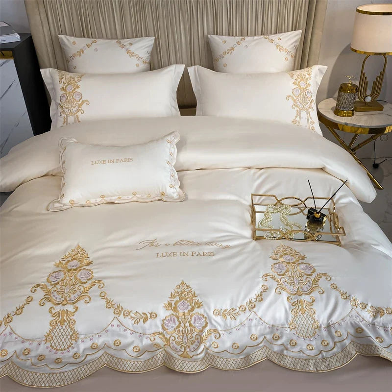 Afralia™ 1000TC Egyptian Cotton Gold Embroidery 4Pcs Bedding Set - Luxe Chic Collection