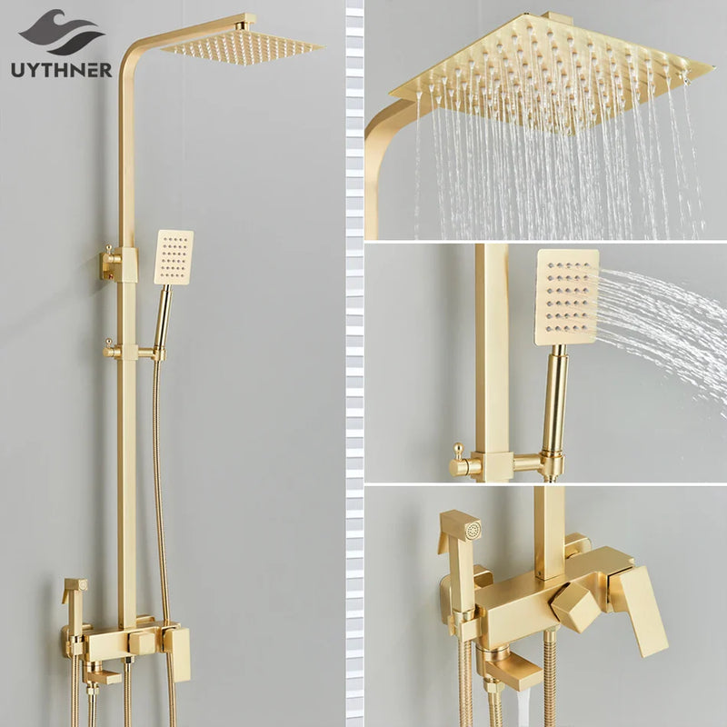 Afralia™ Gold Wall Mounted Bathroom Shower System Kit with 4-way Mixer