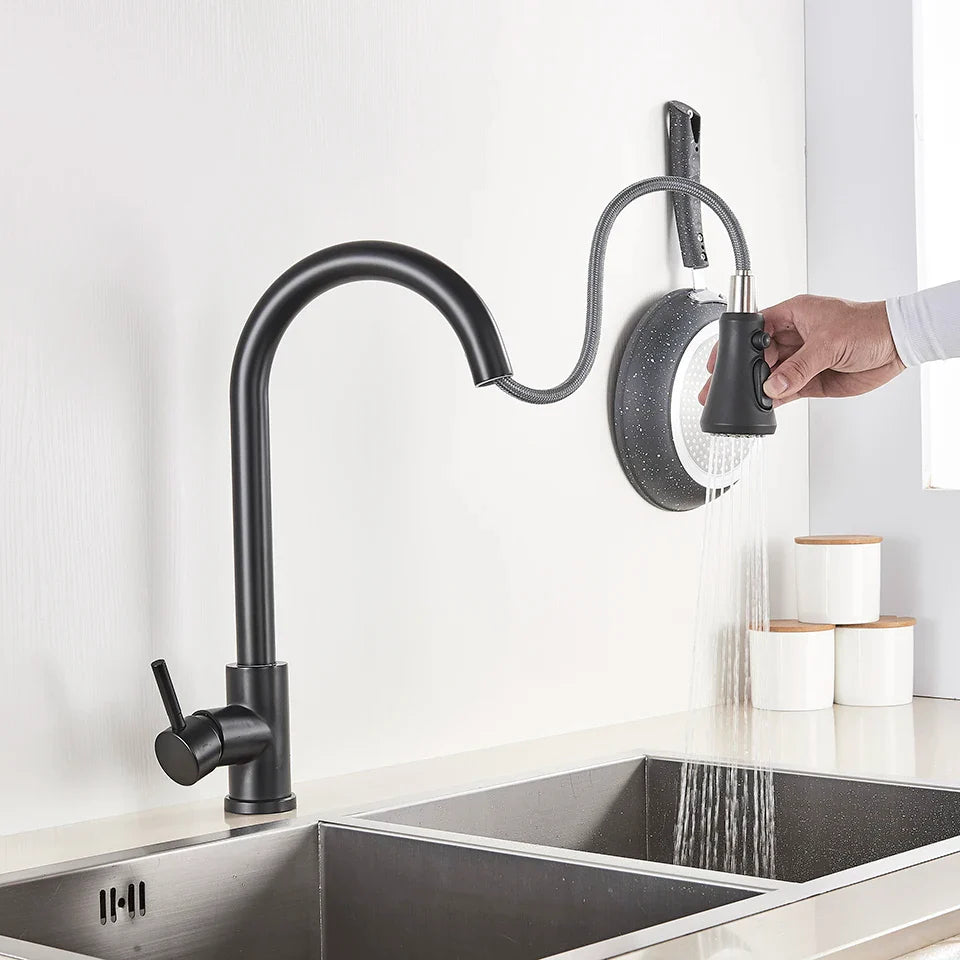Afralia™ Matte Black Kitchen Faucet Pull Out Sink Mixer Tap 360 Rotation Deck Mounted