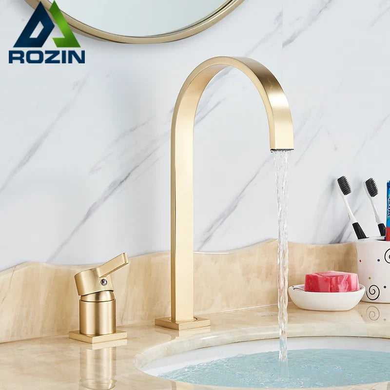 Afralia™ Brushed Gold Basin Faucet Single Handle Widespread Bathroom Sink Mixer Tap