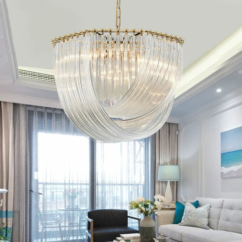 Afralia™ Lustre Plate Metal LED Pendant Light Glass Chain Hanging Lamp
