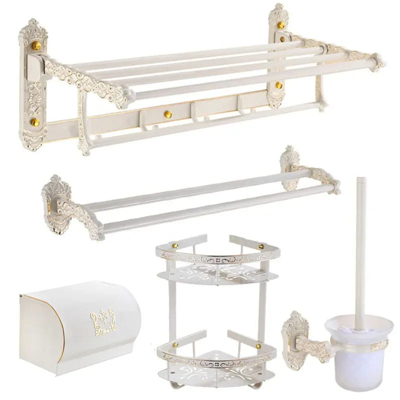 Afralia™ White Gold Bathroom Accessories Set: Shelf, Towel Rack, Paper Holder, Hooks, Toilet Brush Holder