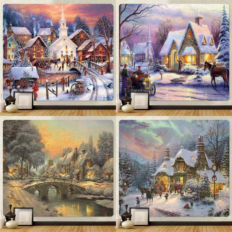 Afralia™ New Year Christmas Snow Scene Oil Painting Tapestry Bohemian Home Decor