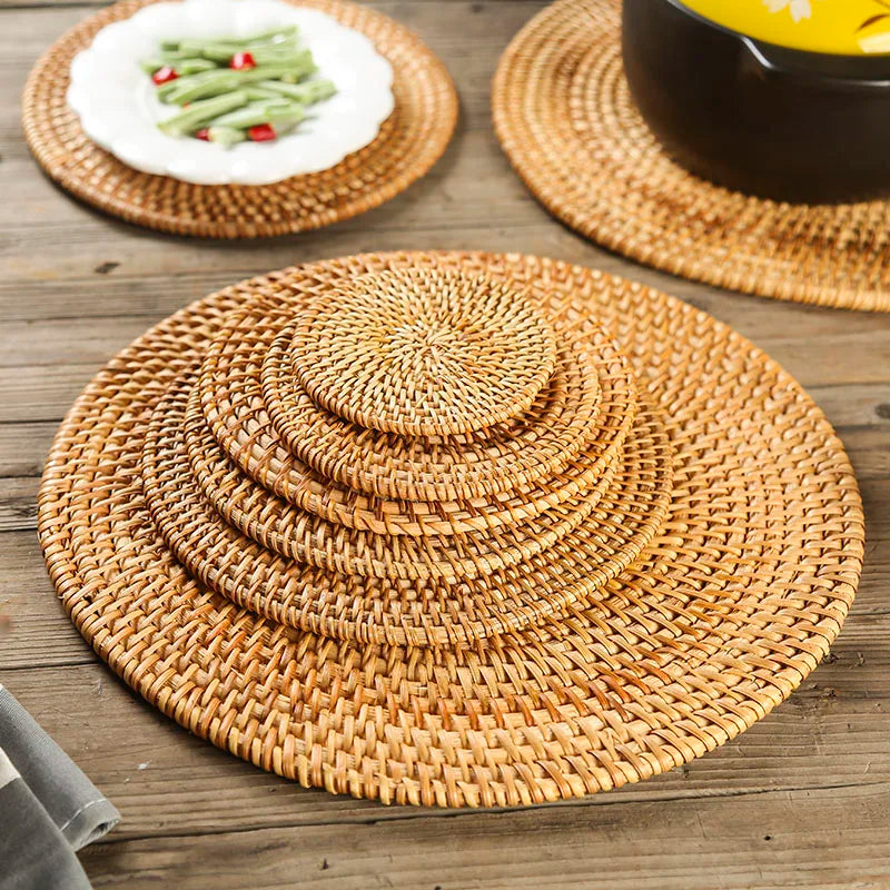 Afralia™ Rattan Coasters Set with Holder - Table Mat Placemat for Cups, Bowls, and Glasses.