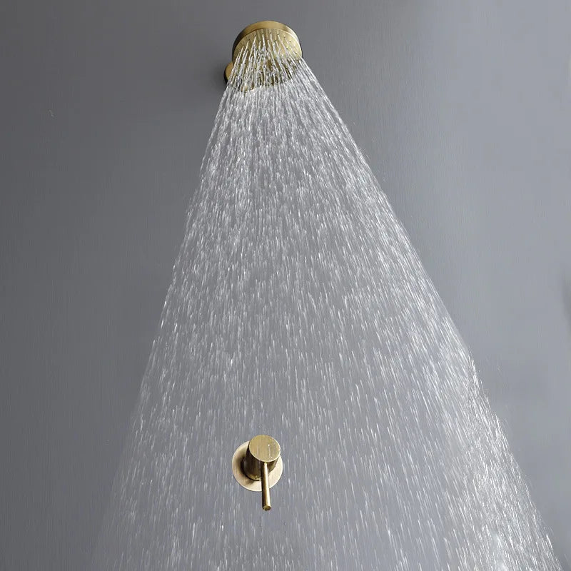 Afralia™ Brushed Gold Round Rainfall Shower Faucet Set, Wall Mounted Shower Mixer