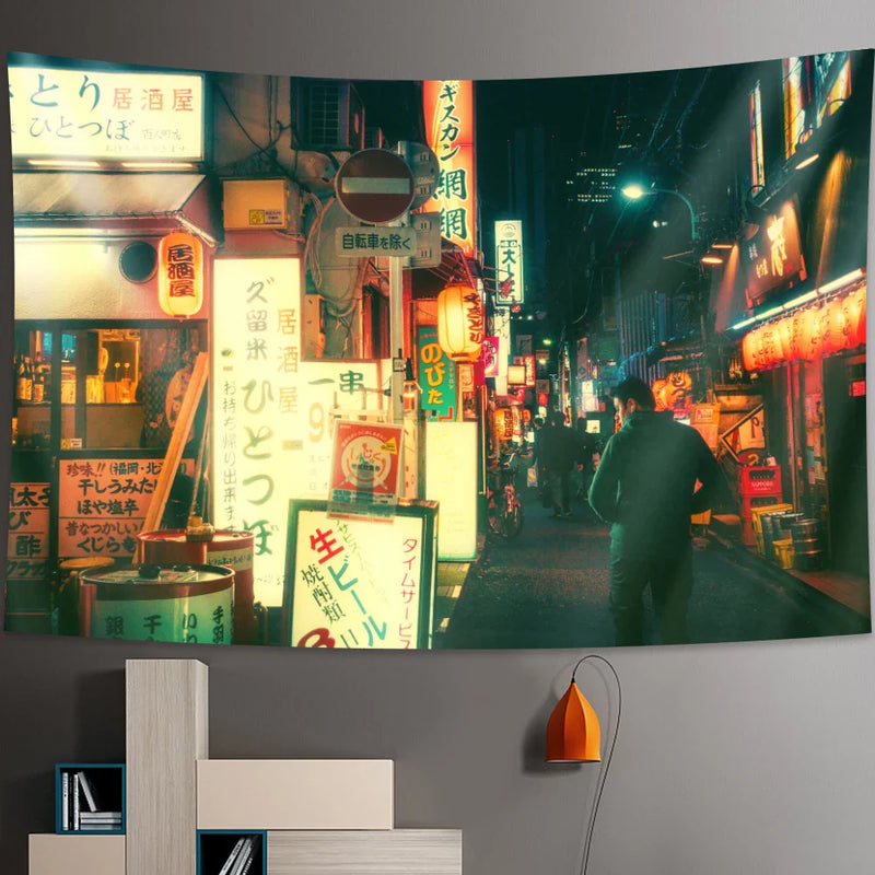 Afralia™ Tokyo Nightlife Tapestry: Japanese Wall Hanging Bohemian Decorative Sheet