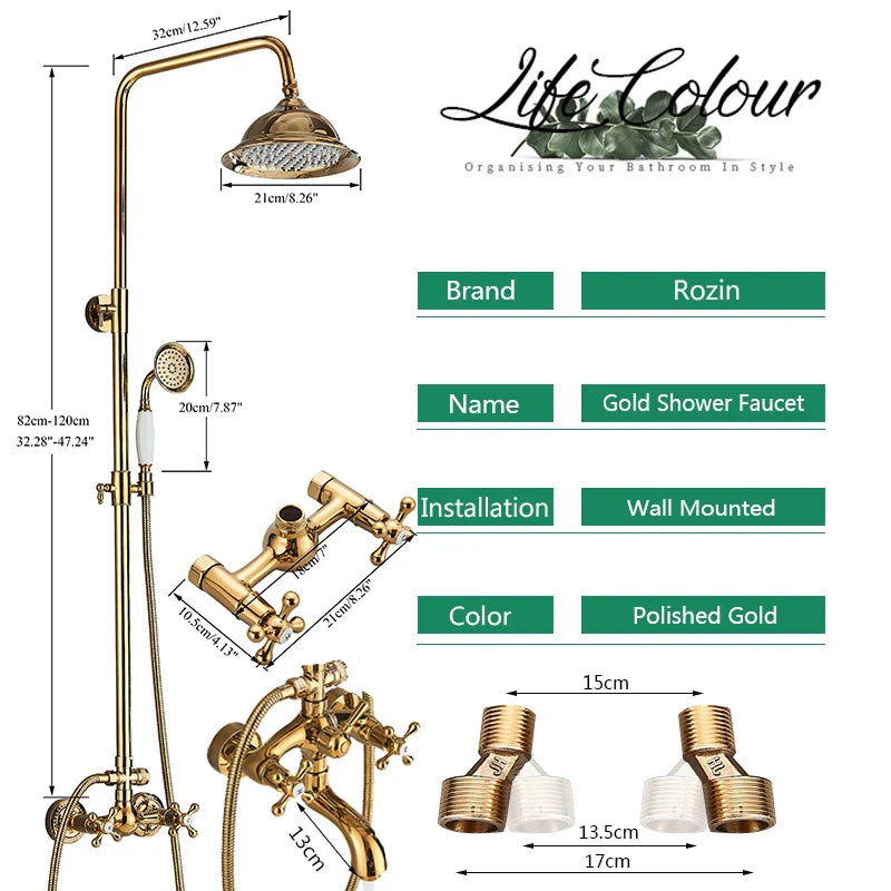 Afralia™ Gold Brass Shower Faucet Set with Tub Spout and Dual Handles