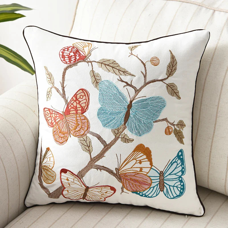 Afralia™ Butterfly Floral Cotton Embroidered Pillow Cover 45x45cm Home Decor Square