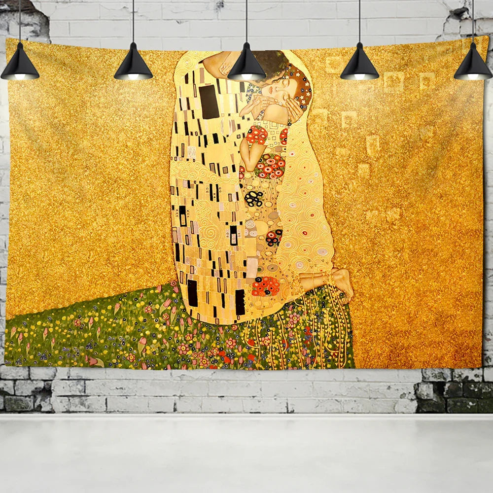 Afralia™ Gold Kiss Oil Painting Tapestry Wall Hanging Art Blanket