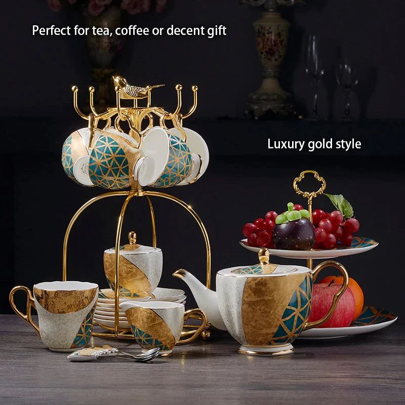 Afralia™ Luxe Gold Inlay Bone China Coffee Set: Teapot, Cup, Sugar Bowl, Creamer, Mug