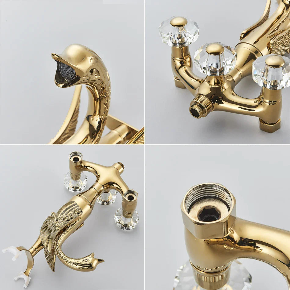 Afralia™ Swan Golden Bathroom Tub Faucet with Crystal Handwheel and Handshower