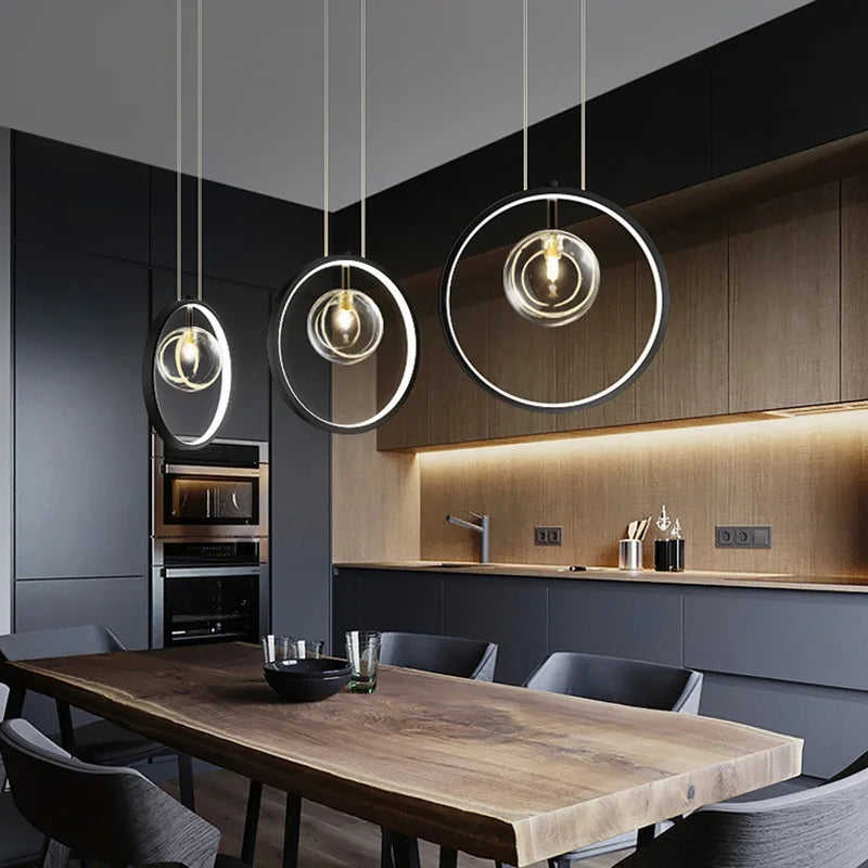 Afralia™ Metal Ring Glass Pendant Light: Nordic LED Ceiling Fixture for Home Interior Decoration