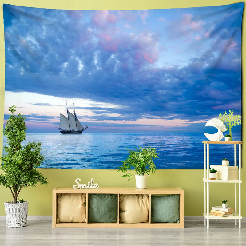 Blue Clouds Landscape Sky & Sea Wall Tapestry for Home Decor by Afralia™.