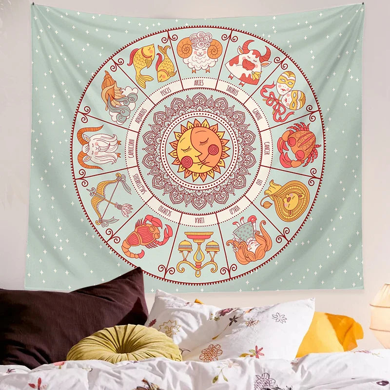 Afralia™ Zodiac Constellation Sun Moon Tarot Tapestry Wall Hanging