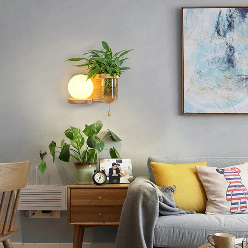 Afralia™ Nordic Green Wood Wall Lamp Glass Sconce for Living Room - Art Decor Lighting