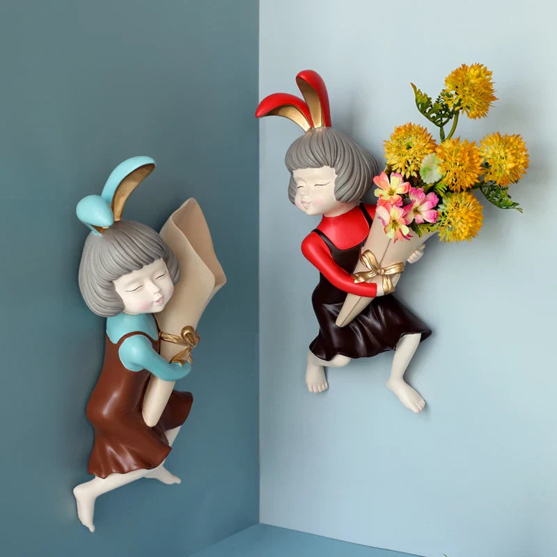 Afralia™ Rabbit Girl Statue Wall Vase: Unique Room Decor with Flower Vase & Planter