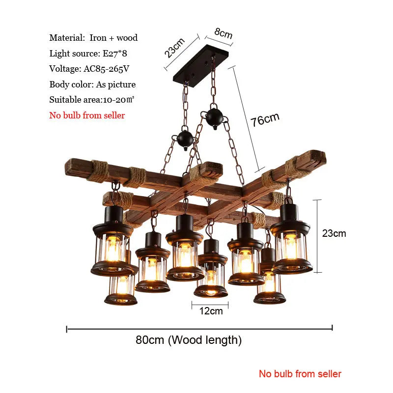 Afralia™ Vintage Wood Chandelier: 8-Head Retro Industrial Glass Pendant Iron Lamp for Cafe, Bar, and Store