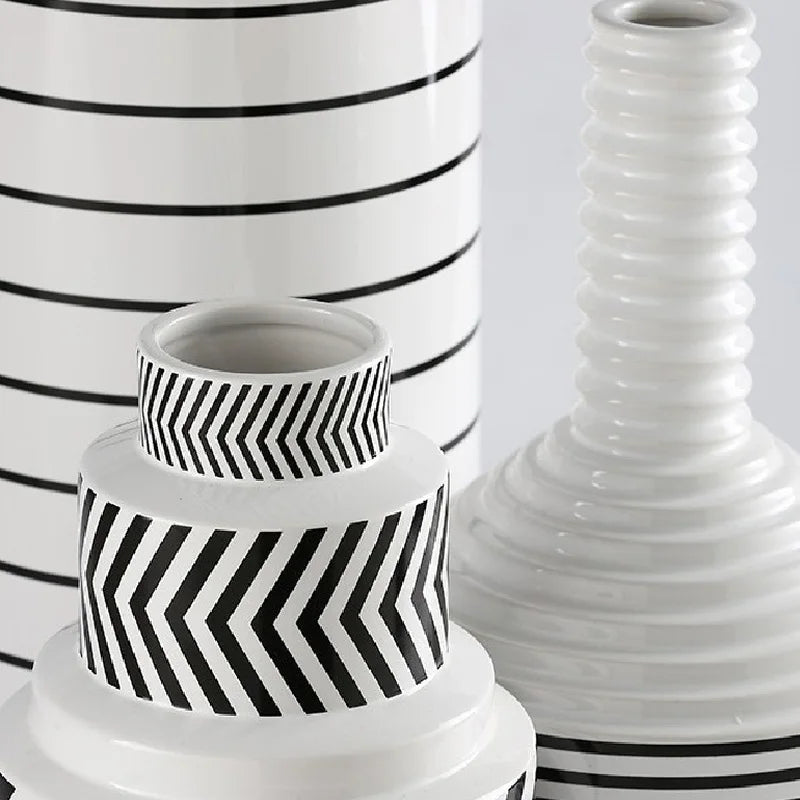 Afralia™ Modern Black White Striped Ceramic Vase Geometric Art Deco Home Decor