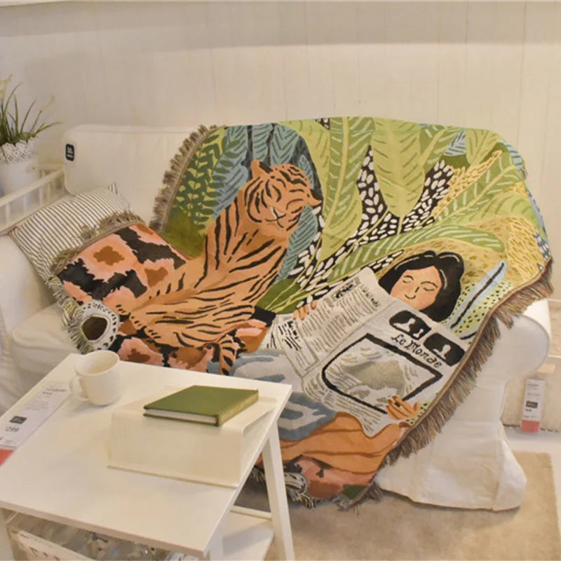 Afralia™ Tiger Newspaper Girl Bohemia Throw Blanket