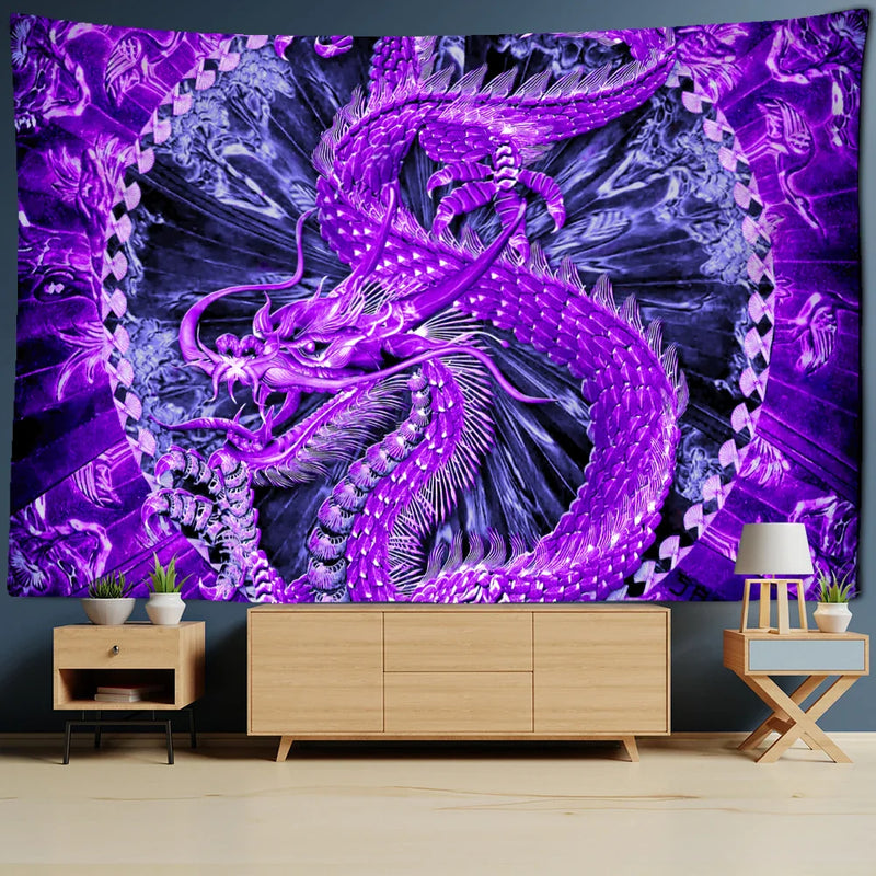 Violet Dragon Castle Totem Tapestry by Afralia™: Cartoon Wall Hanging for Home Decor