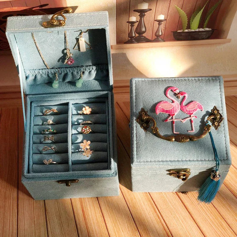 Afralia™ Three-Layer Floral Embroidery Jewelry Organizer & Makeup Box