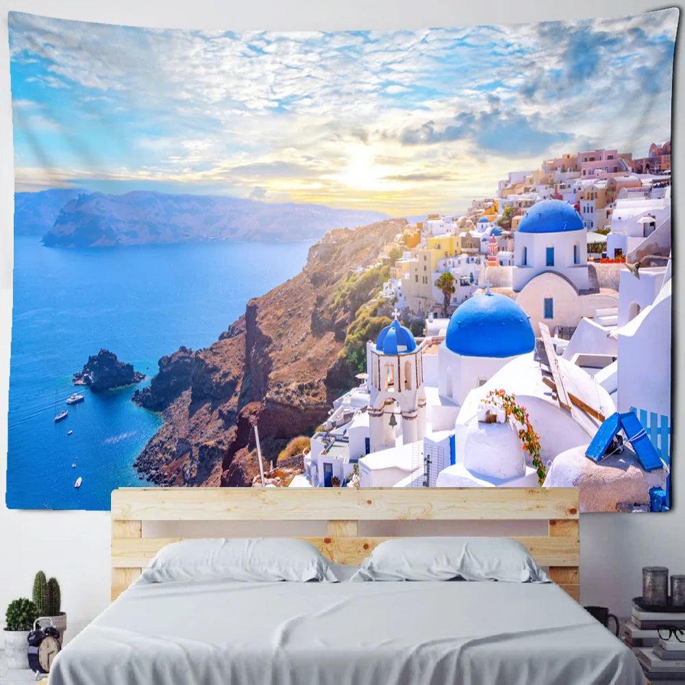 Afralia™ Castle Village Sunset Tapestry Wall Hanging - Fantasy City Landscape Wall Art