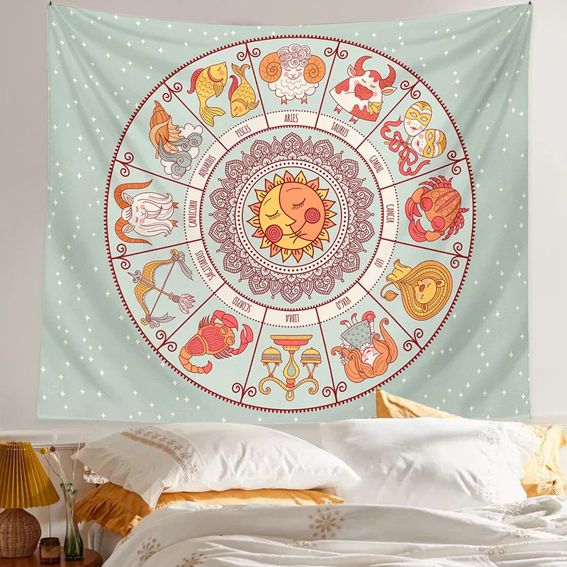 Afralia™ Zodiac Constellation Sun Moon Tarot Tapestry Wall Hanging