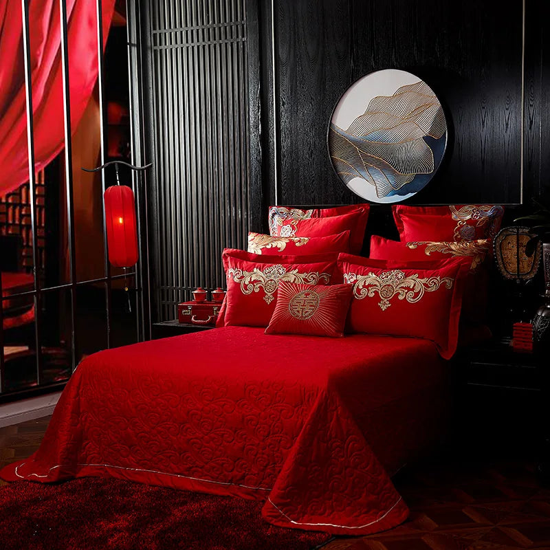 Afralia™ Red Chinese Wedding Gold Phoenix Embroidery Bedding Set, 100% Cotton