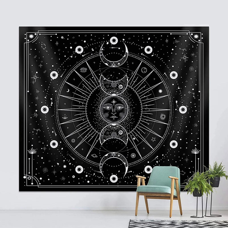 Afralia™ Moon Phase Tapestry: Stars Space Psychedelic Black & White Wall Hangings