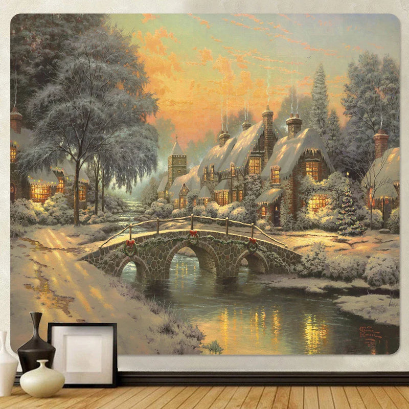 Afralia™ New Year Christmas Snow Scene Oil Painting Tapestry Bohemian Home Decor