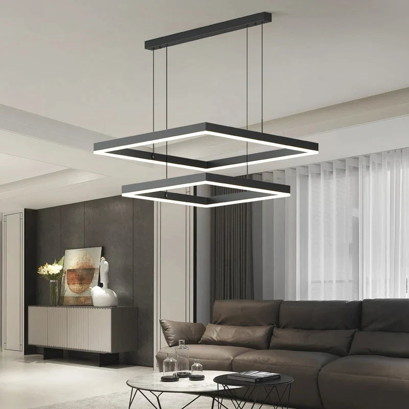 Nordic LED Black Square Chandelier by Afralia™ - Modern Living Room & Kitchen Light Fixture