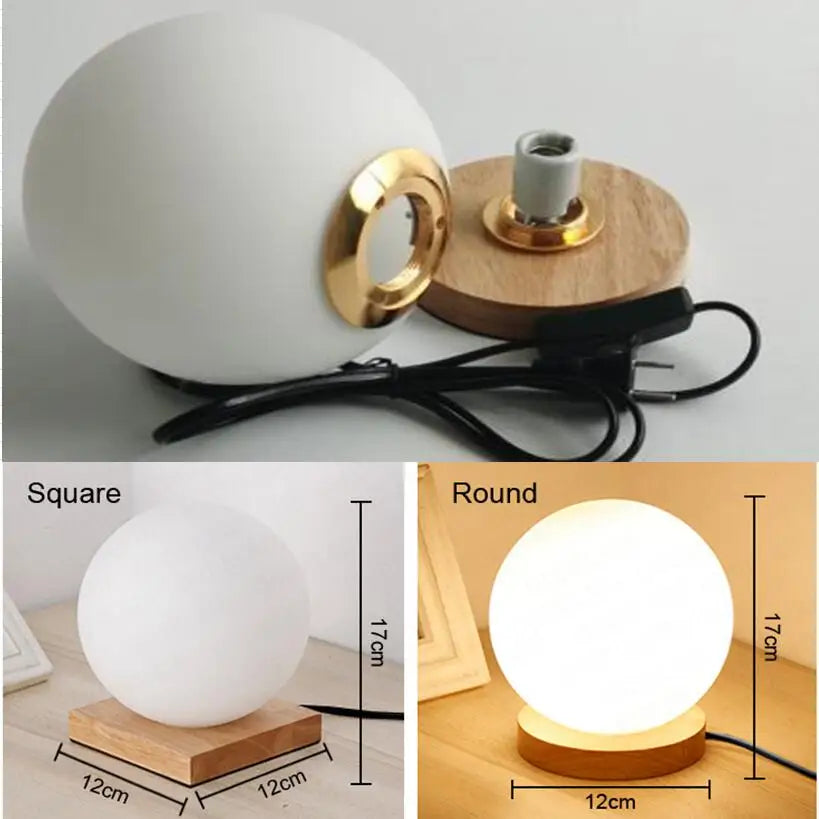 Afralia™ Glass Ball LED Table Lamp Wooden Round Desk Night Light