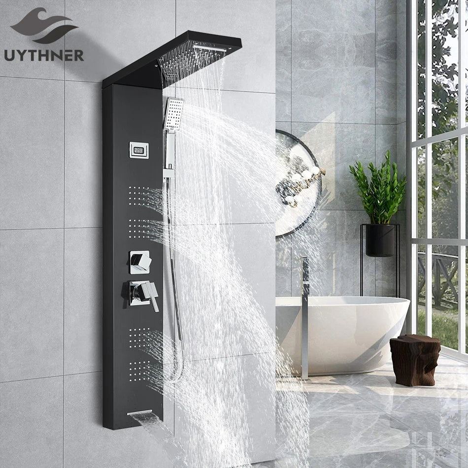 Afralia™ Black Rainfall Shower Panel Set with Massage System and Temperature Screen