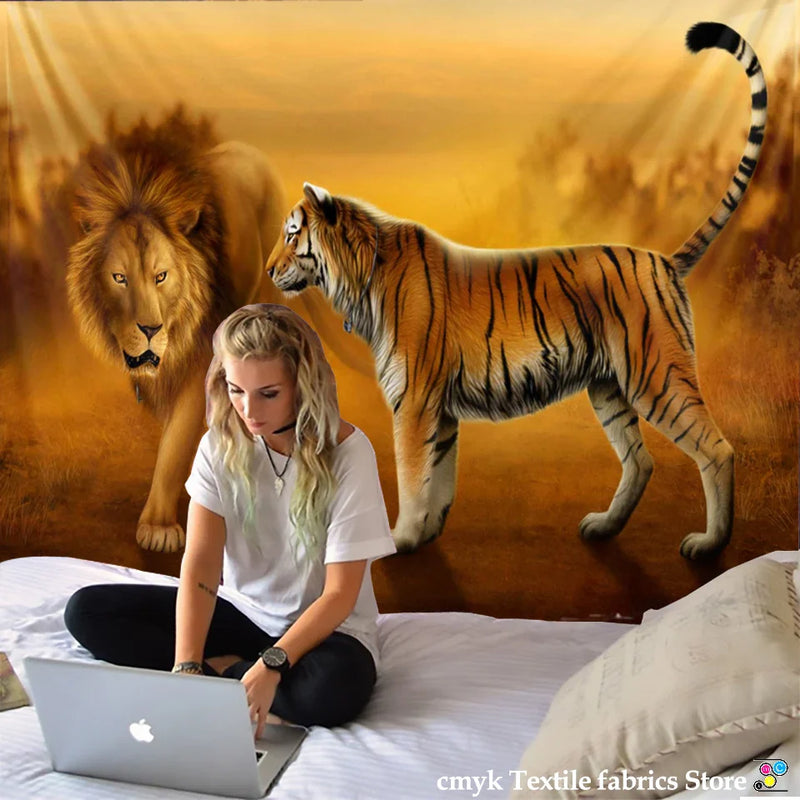 Afralia™ Lion Tapestry African Grassland Animals Cartoon Wall Hanging Blanket