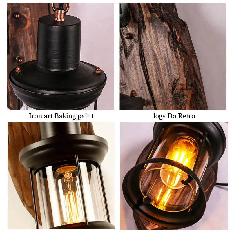 Afralia™ Retro Iron Wood Glass Wall Sconce: Industrial Light Design for Home, Restaurant, Bar