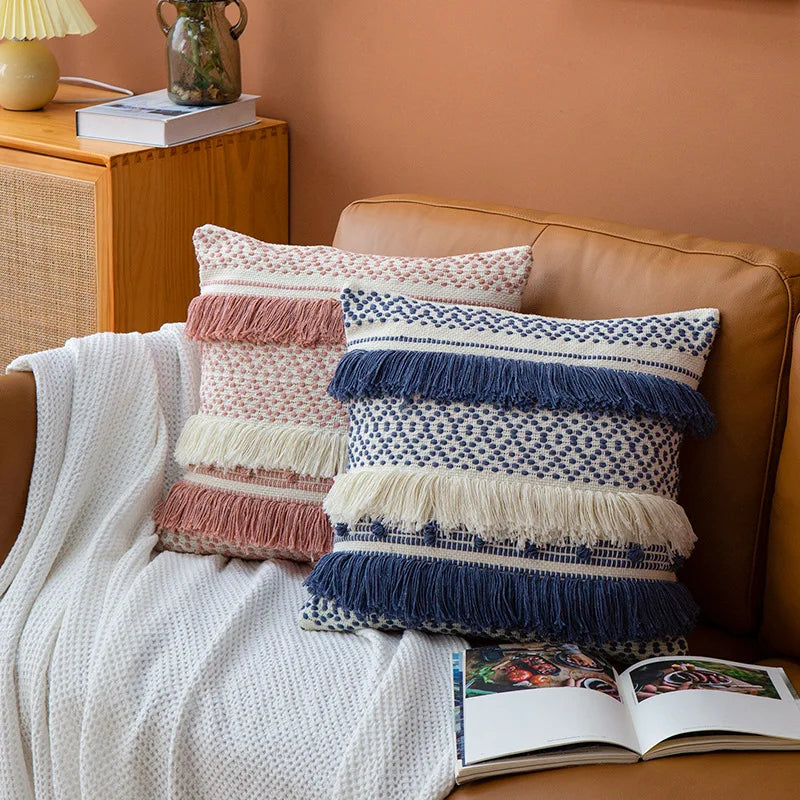 Afralia™ Navy Pink Boho Cotton Woven Tassel Pillow Cover 45x45cm