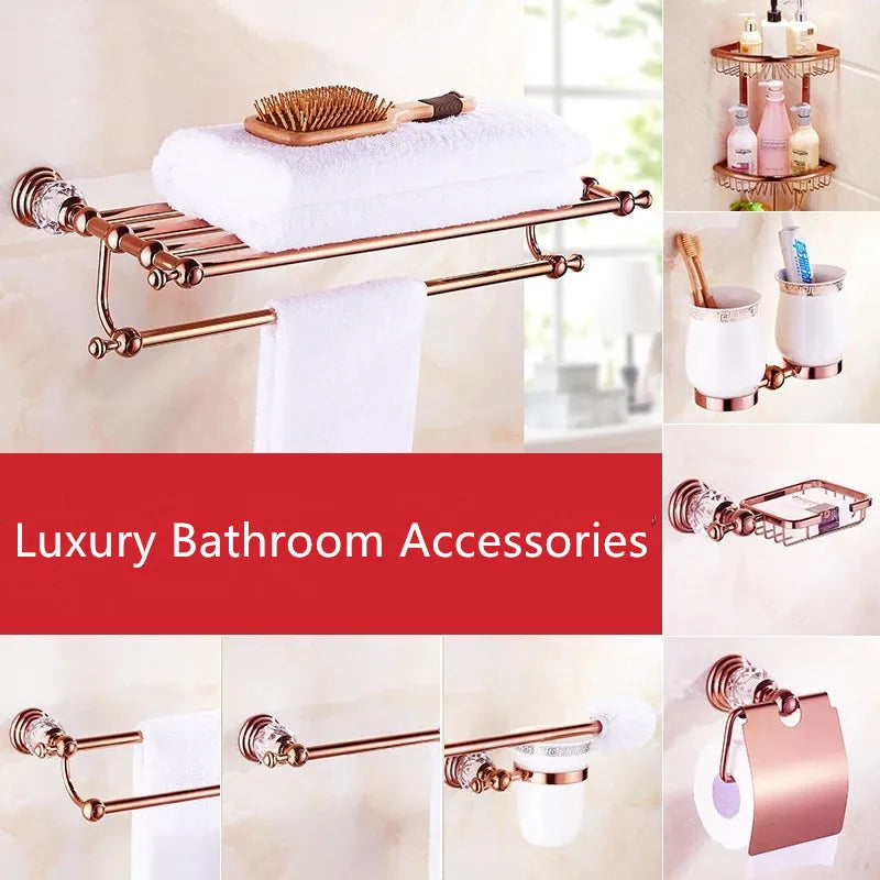 Afralia™ Rose Gold Bathroom Accessories Set: Towel Rack, Paper Holder, Toilet Brush Holder, Hooks