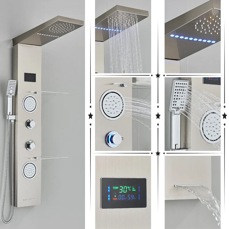 Afralia™ LED Brushed Nickel Shower Panel Set with Temperature Screen