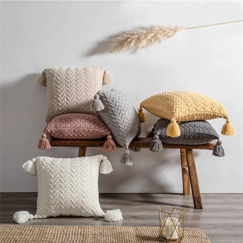 Afralia™ Chenille Knit Tassel Pillowcase Set Yellow Beige White 45x45cm Sofa Cushion