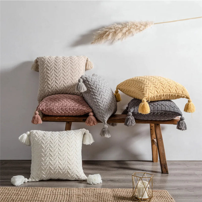 Afralia™ Chenille Knit Tassel Pillowcase Set Yellow Beige White 45x45cm Sofa Cushion