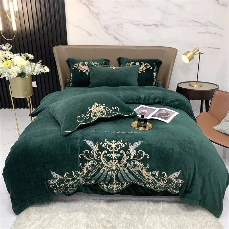 Afralia™ Luxury Velvet Embroidered Bedding Set with Plush Quilt Cover & Bed Sheet