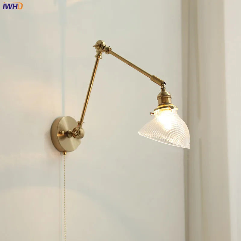 Afralia™ Copper Glass LED Wall Light with Pull Chain Switch, Swing Arm Sconce