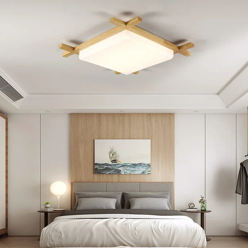 Afralia™ Japanese Wood Ceiling Light Tatami Lamp Flush Mount Living Room Bedroom Square