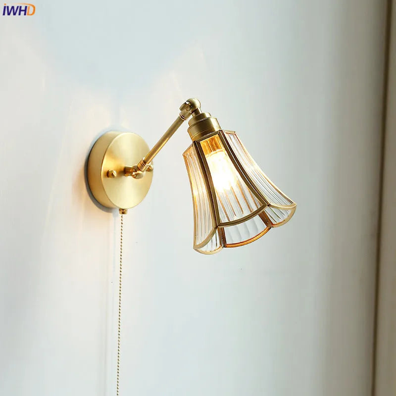 Afralia™ Copper Wall Sconce Glass Nordic Wall Lamp LED Pull Chain Switch
